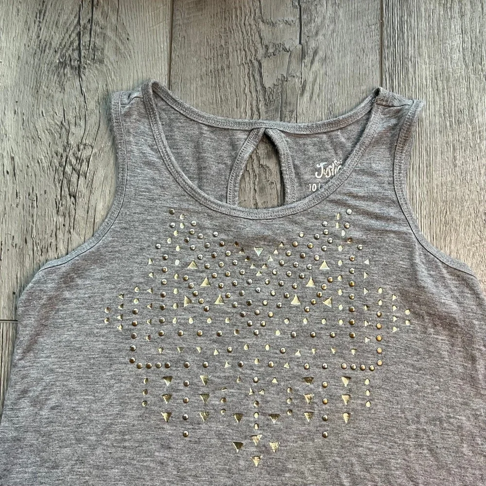 Justice Girls Gray Embellished Keyhole Swing Tank Top Size 10
